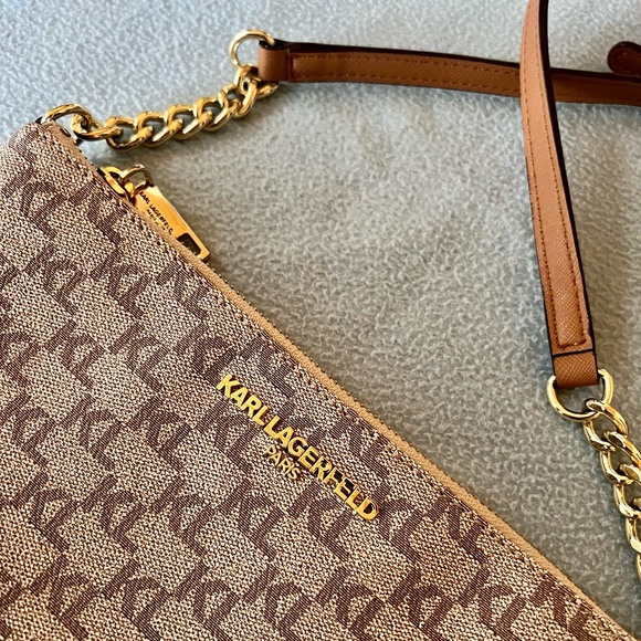 Karl Lagerfeld Paris Tan Logo Crossbody Purse with Gold Accents - Picture 2 of 5
